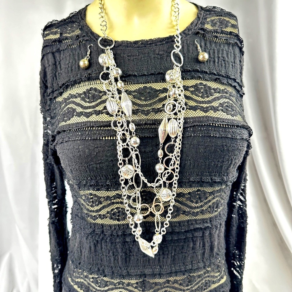 Celtic Boho Silvr Tone Layered Multi Strand Chain Medallion Necklace Earring Set